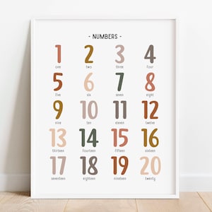Números 1-20 Pôster, Pôster de matemática neutra, Tabela de contagem, Pôster educacional para impressão em casa, Decoração de sala de aula Boho, DOWNLOAD DIGITAL