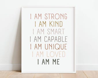 Affirmaties voor kinderen neutrale poster, ik ben sterk vriendelijk slimme positieve affirmaties, inspirerend klasdecor, digitale DOWNLOAD