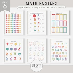 Conjunto de pôsteres de matemática com 6 unidades, decoração de sala de aula de matemática em arco-íris, pôster educacional para educação domiciliar para impressão, impressão Montessori, DOWNLOAD DIGITAL