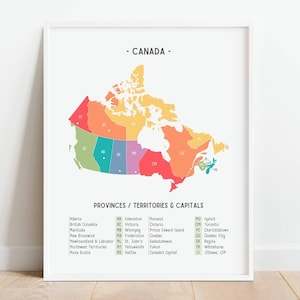 Affiche arc-en-ciel de la carte du Canada, carte des provinces et des capitales, géographie du Canada à imprimer pour l'école à la maison, décoration de salle de classe, téléchargement numérique