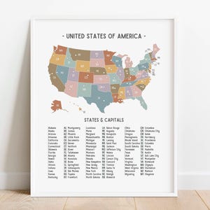 Educatieve poster kaart van de VS, gedempte regenboog kaart van de Verenigde Staten, geografie afdrukbare staten en hoofdsteden, Boho klas decor, digitale DOWNLOAD
