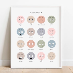 Póster de sentimientos infantiles en tonos pastel, cuadro de emociones, póster de pared sobre salud mental, letrero de rincón tranquilo para niños pequeños, aula boho, DESCARGA DIGITAL