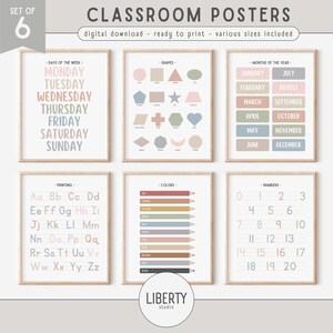 Juego de 6 carteles educativos bohemios, decoración para aulas preescolares en tonos pastel, carteles imprimibles para educación en el hogar, impresiones Montessori, DESCARGA DIGITAL