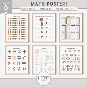 Juego de 6 carteles de matemáticas, decoración neutra para el aula de matemáticas, carteles imprimibles para la educación en el hogar, impresión boho Montessori, DESCARGA DIGITAL