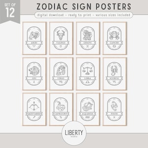 Set of 12 Printable Zodiac Sign Posters, Astrology Prints, Horoscope Gift, Zodiac Sign Decor, Printable Wall Art, DIGITAL DOWNLOAD