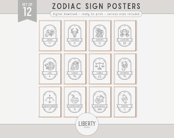 Set of 12 Printable Zodiac Sign Posters, Astrology Prints, Horoscope Gift, Zodiac Sign Decor, Printable Wall Art, DIGITAL DOWNLOAD