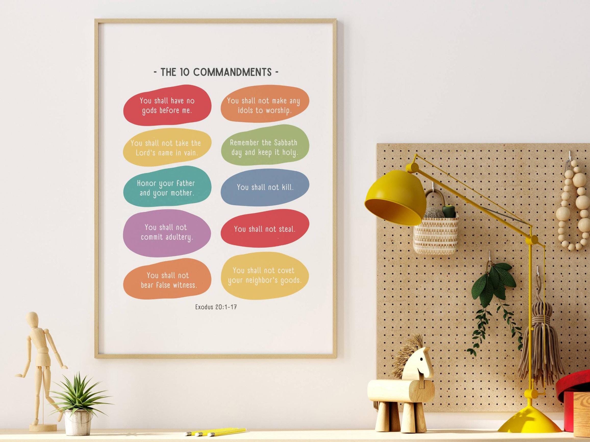 The Ten Commandments Poster, Rainbow Christian Poster for Kids, Bible ...