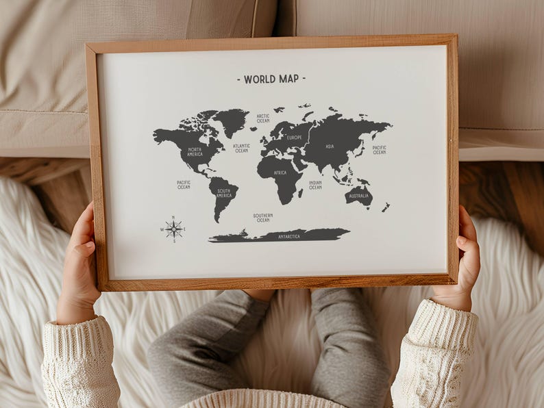 Black and White World Map Poster, Geography Educational Poster ...