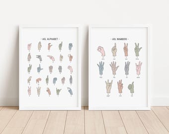 Juego de 2 carteles con números del alfabeto en lenguaje de señas ASL en colores pastel, arte mural educativo, material imprimible para educación en el hogar, decoración del aula, DESCARGA DIGITAL