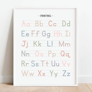 Póster con letras del alfabeto impresas en colores pastel, impresión de letras del alfabeto, póster educativo para niños, imprimible para la educación en el hogar, decoración de aulas boho, DESCARGA DIGITAL