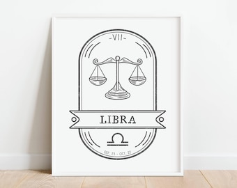 Weegschaal dierenriem poster, astrologie print, horoscoop cadeau, cadeau voor weegschaal, weegschaal sterrenbeeld decor, afdrukbare muurkunst, digitale DOWNLOAD