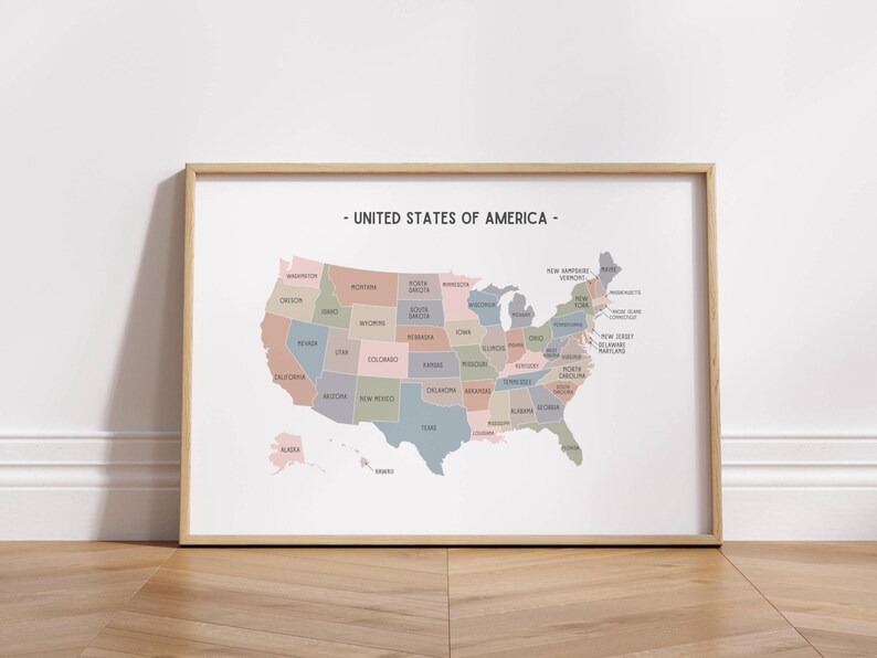 USA Map Pastel Print, Educational Wall Art, American Geography ...