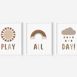 Play All Day Poster Set of 3, Let's Play Nursery Decor, Neutral Boho Playroom Decor, Kid's Room Sun Rainbow Cloud Posters, DIGITAL DOWNLOAD