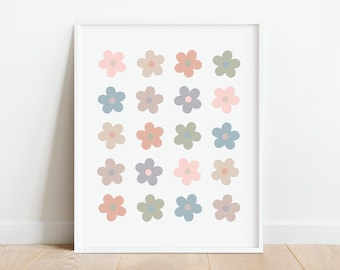 Retro Flowers Pastel Wall Art, Nursery Flower Print, Neutral Playroom Decor, Kids Room Poster, Printable Wall Art,  DIGITAL DOWNLOAD