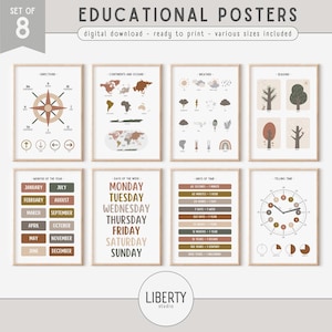 Boho Lernposter-Set von 8, neutrale Vorschul-Klassenzimmer-Dekoration, Hausschule, Montessori-Drucke, DIGITALER DOWNLOAD