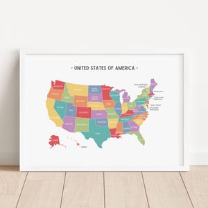 Carte des États-Unis, impression arc-en-ciel, art mural éducatif, géographie école à la maison imprimable, affiche déco pour la classe, impressions pour chambre d'enfants, téléchargement numérique