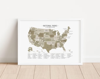 Mapa de Parques Nacionales de Estados Unidos, Póster de Naturaleza en EE. UU., Póster de Aventuras de Senderismo, Decoración de Pared Natural para Guardería, DESCARGA DIGITAL