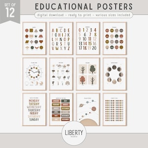 Juego de 12 carteles educativos de estilo bohemio neutro, decoración para aulas preescolares para niños pequeños, imprimibles para la educación en el hogar, arte de pared para guardería, DESCARGA DIGITAL