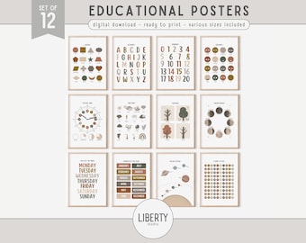 May include: Set of 12 educational posters for children. The posters feature various educational themes, including the alphabet, numbers, days of the week, months of the year, shapes, weather, trees, moon phases, planets, and a clock. The posters are designed in a minimalist style with a neutral color palette of brown, beige, and white.