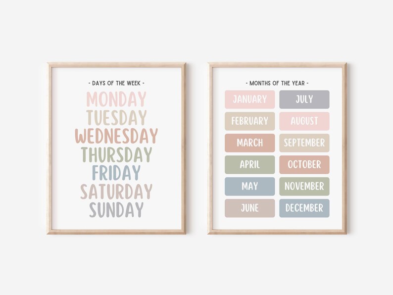 Set of 2 Pastel Days of the Week and Months Posters, Homeschool ...