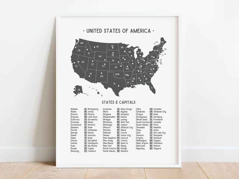 USA Map Educational Poster, Black United States Map, Homeschool States