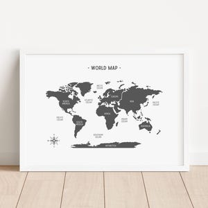Affiche de carte du monde en noir et blanc, affiche éducative de géographie, impression à la maison des continents, affiche de décoration de salle de classe, téléchargement numérique