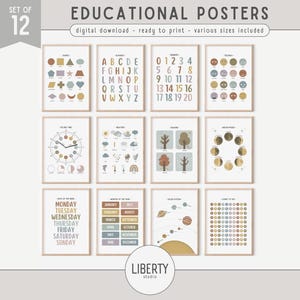 Set of 12 Boho Muted Rainbow Educational Posters, Toddler Preschool Classroom Decor, Homeschool Prints, Nursery Wall Art, DIGITAL DOWNLOAD