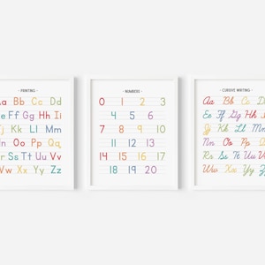 Juego de 3 carteles de números del alfabeto y arcoíris, cuadro de escritura a mano, arte mural educativo, material imprimible para educación en el hogar, decoración del aula, DESCARGA DIGITAL