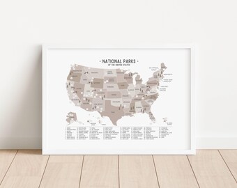 Mapa de Parques Nacionales de Estados Unidos, Póster de Naturaleza en EE. UU., Póster de Aventuras de Senderismo, Decoración de Pared Natural para Guardería, DESCARGA DIGITAL