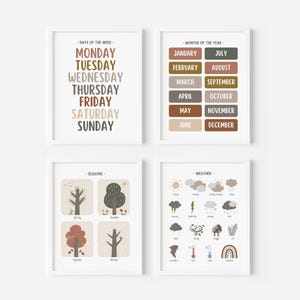 Set van 4 neutrale educatieve muurkunstposters, dagen maanden weer seizoenen prints, homeschool afdrukbaar, klasdecor, digitale download