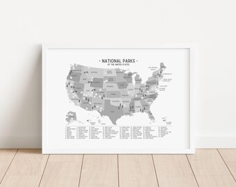 Mapa de Parques Nacionales de Estados Unidos, Póster de Naturaleza en EE. UU., Póster de Aventuras de Senderismo, Decoración de Pared Natural para Guardería, DESCARGA DIGITAL