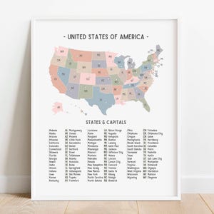 USA Karte, Lernposter, USA Karte, USA Bundeskarte, US Bundesstaat und Hauptstädte Geographie Bundeskarte, Schulwand Poster zum Ausdrucken, Klassenzimmer Dekor, DIGITALER DOWNLOAD