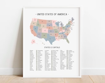 Póster educativo con mapa de EE. UU., mapa de Estados Unidos en colores pastel, geografía de estados y capitales para educación en el hogar, decoración para el aula, DESCARGA DIGITAL