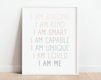 Affirmaties voor kinderen pastelposter, I am Strong vriendelijk slimme positieve affirmaties, inspirerend klasdecor, DIGITALE DOWNLOAD