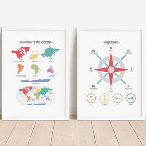 Lot de 2 affiches éducatives de géographie arc-en-ciel, directions des continents, carte du monde à imprimer pour l'école à la maison, décoration de salle de classe, téléchargement numérique
