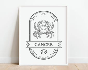 Póster del zodiaco Cáncer, impresión astrológica, regalo de horóscopo, regalo para Cáncer, decoración del signo del zodiaco Cáncer, arte mural imprimible, descarga digital