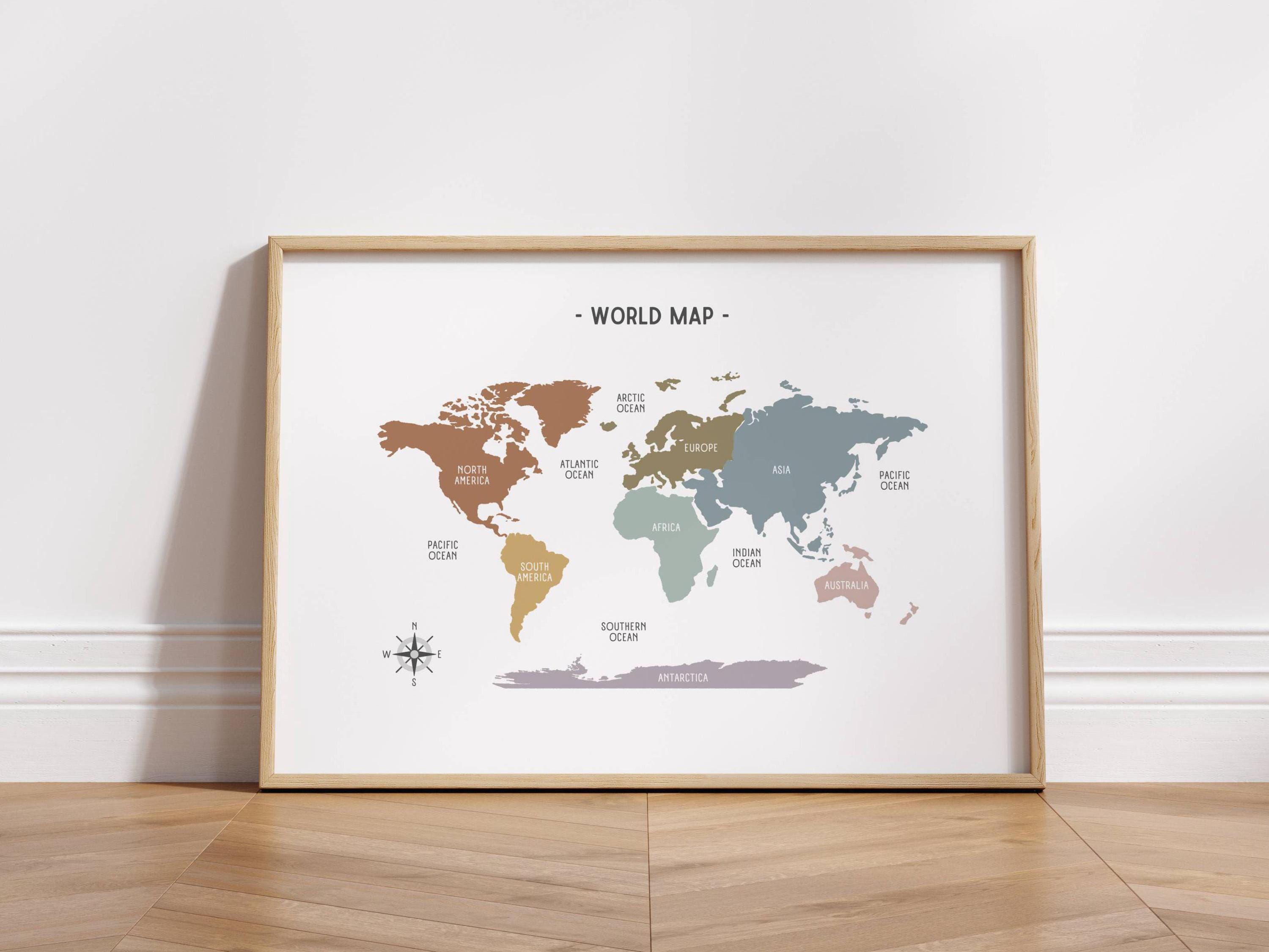 World Map Muted Rainbow Print, Educational Wall Art, Continents ...