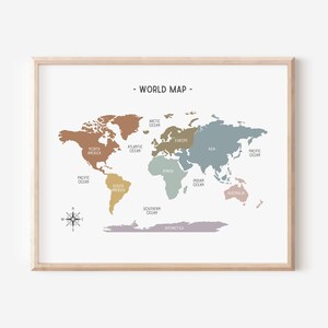 World Map Muted Color World Map Muted Rainbow Print, Educational Wall Art, Continents ...
