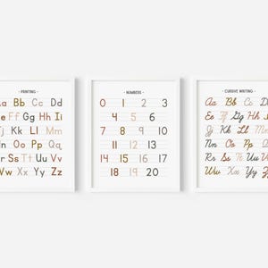 Juego de 3 carteles neutros con números del alfabeto, cuadro de escritura a mano, arte mural educativo, material imprimible para educación en el hogar, decoración del aula, DESCARGA DIGITAL