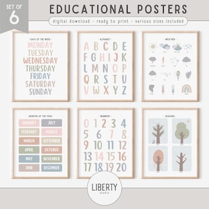 Lot de 6 affiches éducatives pastel, nombres ABC jours mois météo saisons impression, école à la maison imprimable, décoration de salle de classe, téléchargement numérique