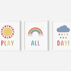 Play All Day Poster Set of 3, Let's Play Nursery Decor, Rainbow Playroom Decor, Kid's Room Sun Rainbow Cloud Posters, DIGITAL DOWNLOAD
