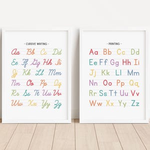 Juego de 2 carteles de escritura cursiva e impresión de arcoíris, carteles educativos del alfabeto, imprimibles para educación en el hogar, decoración del aula, DESCARGA DIGITAL
