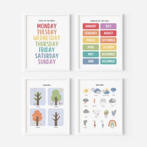 Set van 4 dagen maanden weer seizoenen regenboogposters, educatieve muurkunstprints, homeschool afdrukbaar, klasdecor, digitale download