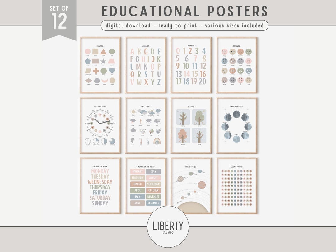Set of 12 Pastel Boho Educational Posters, Toddler Preschool Classroom ...