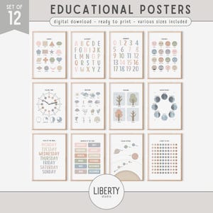Lot de 12 affiches éducatives bohèmes pastel, décoration de salle de classe préscolaire pour tout-petits, imprimés pour l'école à la maison, art mural pour chambre d'enfant, TÉLÉCHARGEMENT NUMÉRIQUE