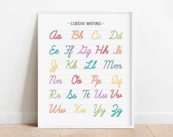 Cursive Writing Alphabet Chart Rainbow Poster, Letters Print, Educational Wall Art, Homeschool Printable, Classroom Decor, DIGITAL DOWNLOAD