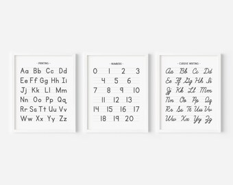 Set of 3 Printing and Cursive Writing Homeschool Printables, Alphabet Numbers Black and White Posters, Handwriting Chart, DIGITAL DOWNLOAD
