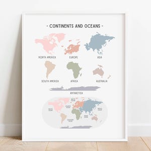 Kontinente Geographie Pastell Poster, Weltkarte Lernwandkunst, Hausschule zum ausdrucken, Klassenzimmer Dekor, Kinderzimmer Dekor, DIGITALER DOWNLOAD