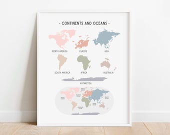 Póster de geografía de los continentes en colores pastel, mapa del mundo, arte de pared educativo, imprimible para educación en el hogar, decoración del aula, impresión para la habitación de los niños, DESCARGA DIGITAL