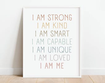 Affirmaties voor kinderen gedempte regenboogposter, I am Strong Kind Smart Positive Affirmations, inspirerend klasdecor, DIGITALE DOWNLOAD